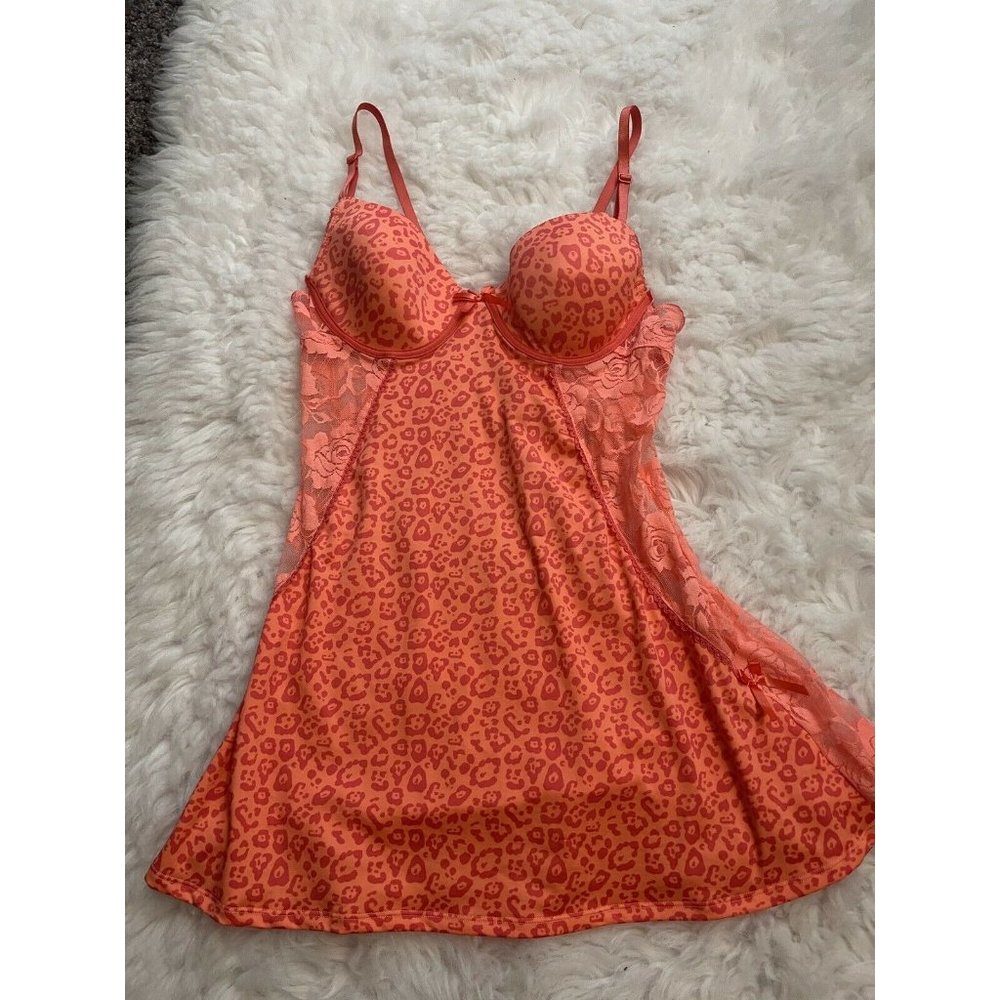 Always a Flirt Orange Leopard Print and Lace Bustier Slip Dress Lingerie Size M